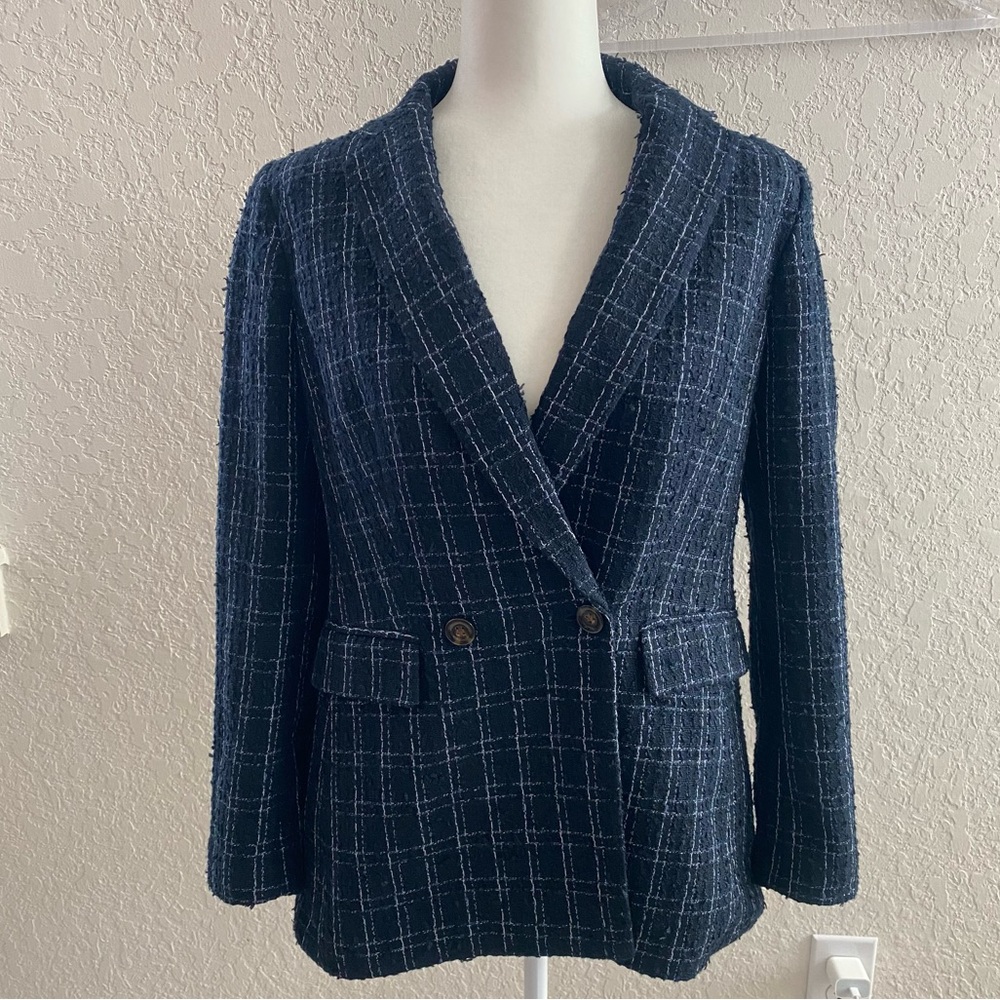 Ann Taylor Double Breasted Tweed Textured Blazer Jacket Blue Size 6 - Picture 3 of 10